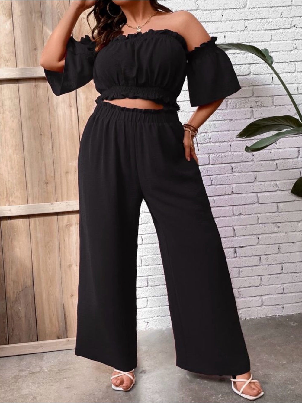 SHEIN Black Off-Shoulder Wide-Leg Two-Piece Set